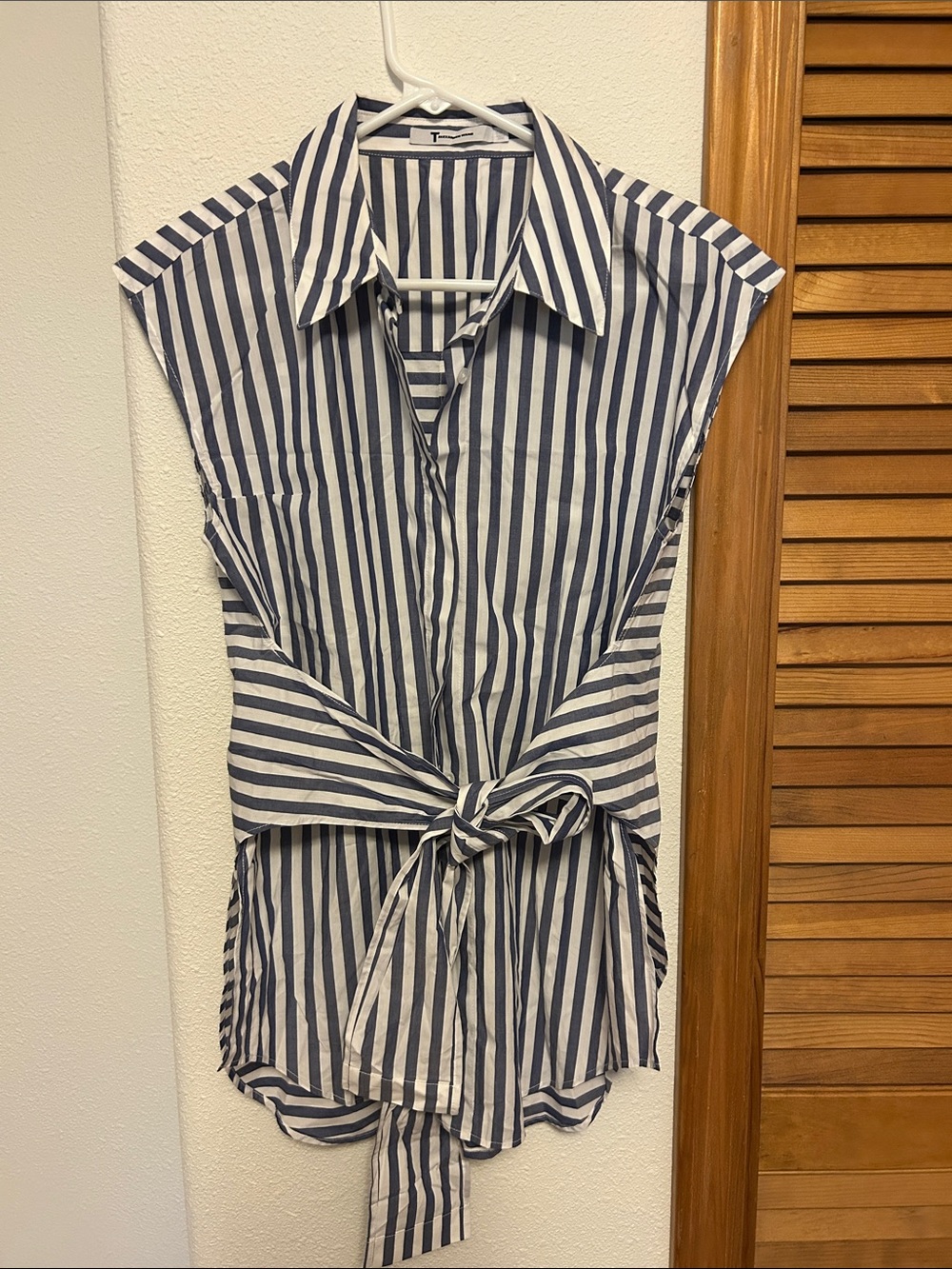T by Alexander Wang Striped Navy and White Tie-Waist Sleeveless Shirt - Women